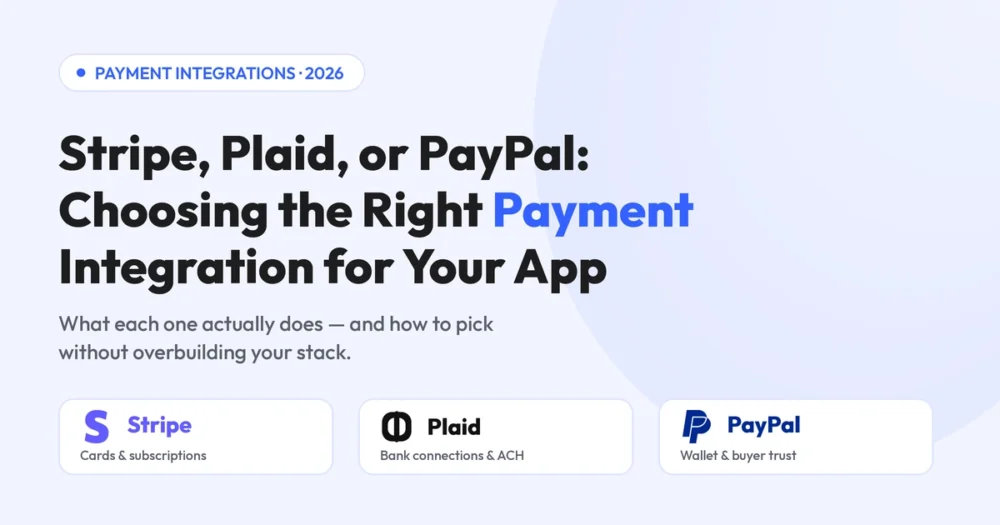 Stripe, Plaid, and PayPal logos compared as payment integration options for apps — Build Me App